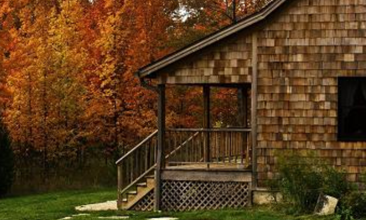 A wooden house with stairs leading to the front door.