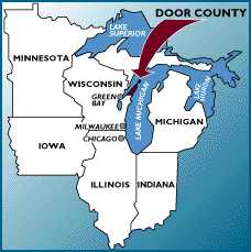 A map of door county, wisconsin with the location of lake michigan.